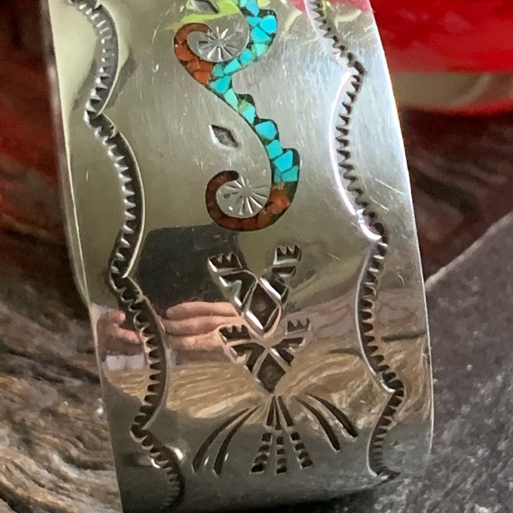 VINTAGE NAVAJO STERLING S CORAL TURQUOISE CUFF BRACELET - Picture 7 of 13